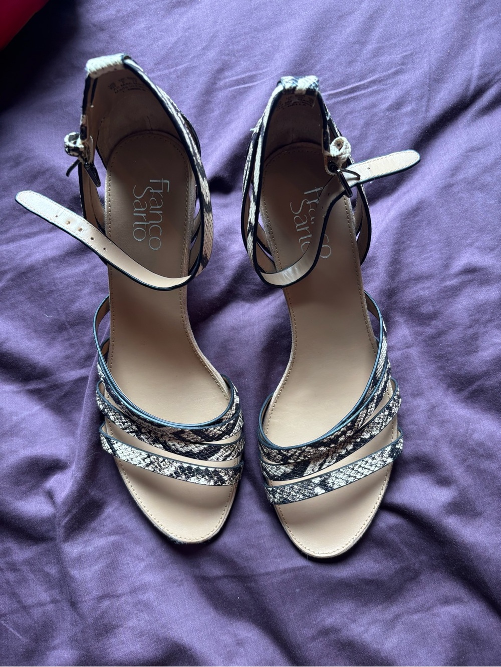 Franco Sarto Black and White Snake-Print Ankle-Strap Heels